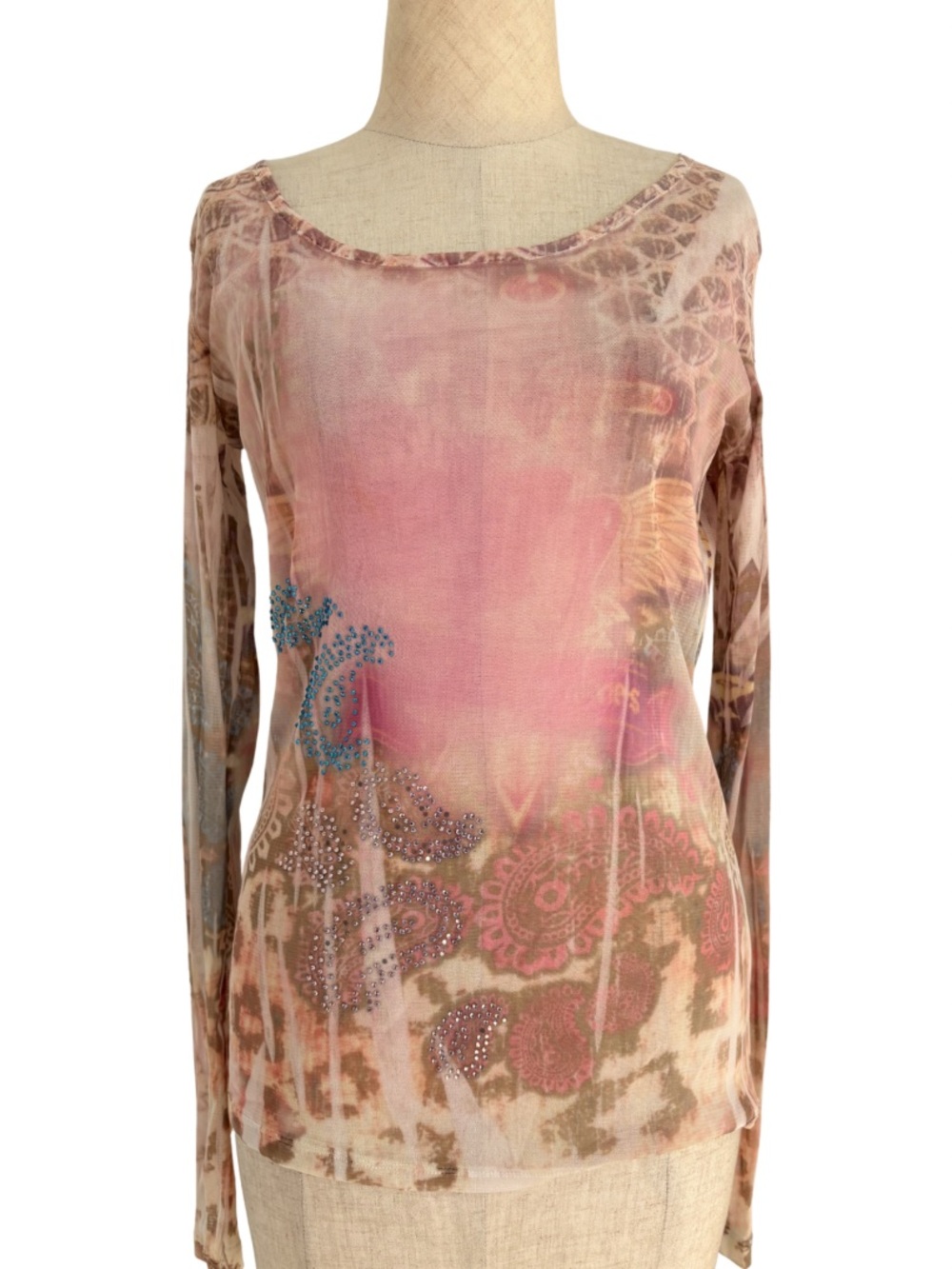 2000s Y2K  Micro Mesh Paisley Majestic Sheer Diamond Gem Long Sleeve Top XL Pink